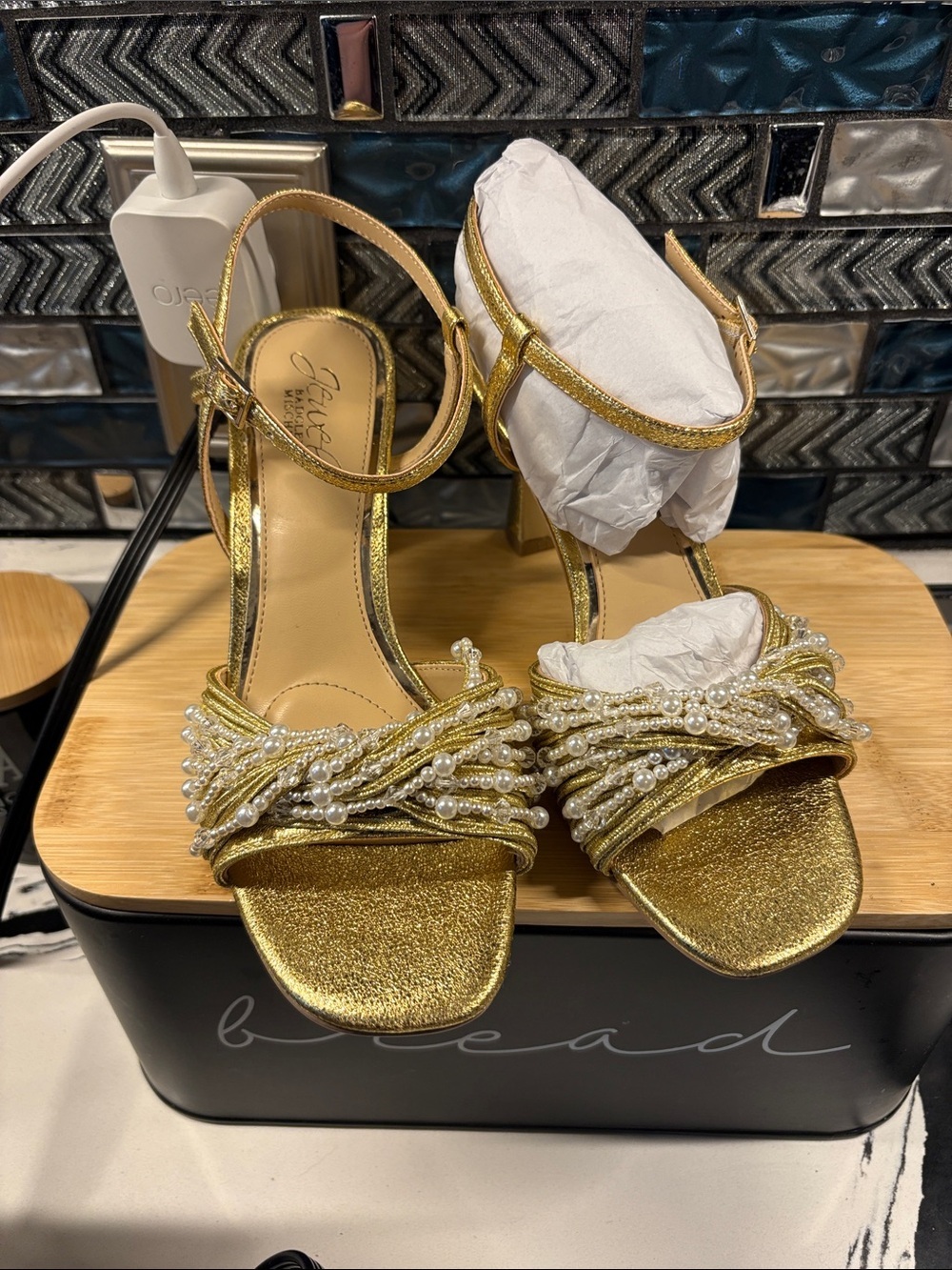 Jewel Badgley Mischka Gold Pearl-Embellished Ankle-Strap Heels